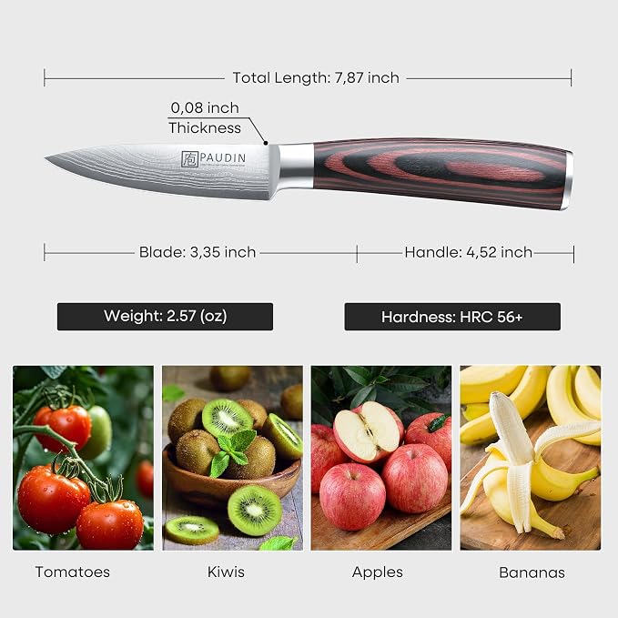 PAUDIN Paring Knife, 3.5 Inch Fruit Knife, High Carbon 5Cr15Mov Stainless Steel Forged Paring Knife, Ultra Sharp Small Kitchen Knife, Ergonomic Wooden Handle with Elegant Gift Box