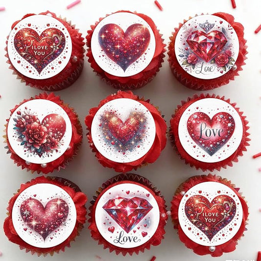 36PCS Edible Red Heart Cupcake Toppers Wafer Paper Sweet Love Be Mine Kiss Me Heart Cupcake Picks Valentine’s Cake Decor for Valentine's Day Theme Wedding Party Supplies