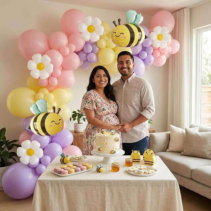Bee Balloon Garland Arch Kit 121Pcs Macaron Pink Purple Yellow Latex Balloons with Bee Daisy Foil Balloons for Lemonade Birthday Honeybee Party Baby Shower Spring Garden Party Decor