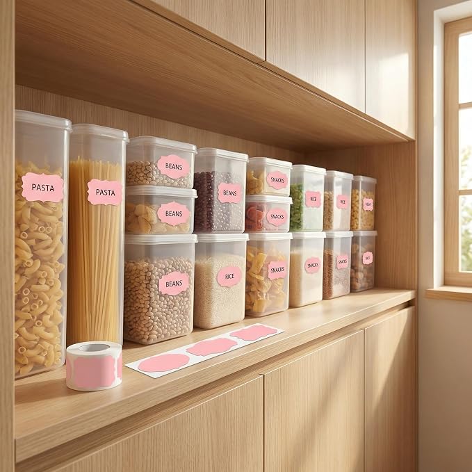 300 Pcs Pink Labels Stickers, 1.2x2 Inch, 3 Decorative Designs, Writable for Gift Wrapping, Pantry Storage, Jars & Wedding Decor