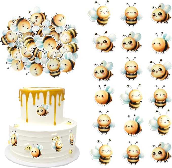 60 PCS Edible Bumble Bee Cupcake Toppers Waper Paper Honey Bee Party Cake Decorations Edible Oh Babee Cupcake Picks for Bee Theme Baby Shower Kids Boys Girls Birthday Party Food Decorations Supplies