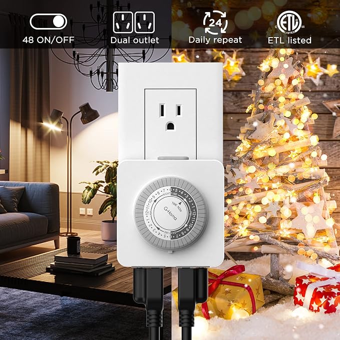 G-Homa Timer Outlet Electric Indoor with 2 Grounded Outlet,Plug-in 24-Hour Mechanical Timers,Daily On/Off Cycle,Energy Saving for Lamps, Seasonal, Christmas Lights and Holiday Decorations (4 Pack)