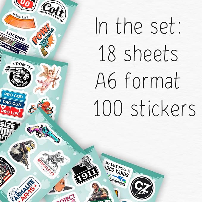 100Pcs Firearm Stickers and Decals, Gun & Tactical Stickers Pack- Military Decals - Firearm Party Decorations - Gift for Women & Men