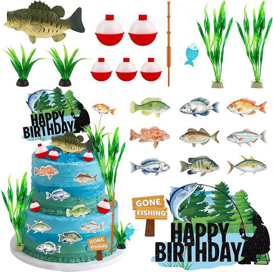 Hooqict 22Pcs Fishing Cake Decorations Set with Mini Bass Happy Birthday Cake Toppers & Fish Cupcake Toppers for Fisherman Gone Fishing Birthday Party Decorations Retirement Party Supplies Fathers Day
