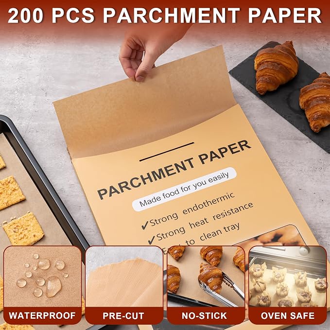 200Pcs Parchment Paper sheets,8 x12 Inches Non-Stick Precut Baking Parchment,Unbleached,Parchment Paper For Baking,Fryer, Cooking,Oven,Perfect for Bread, Cakes, Barbecue
