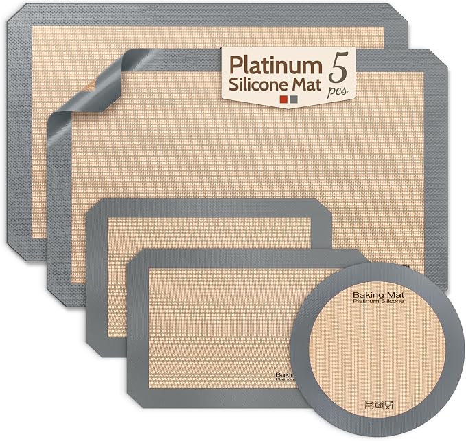 Silicone Baking Mat, Extra-Thick Platinum Silicone, Non-Stick Food Grade Baking Sheet Liners Set of 5, Reusable Dishwasher Safe, 2 Half Sheet + 2 Quarter Sheet + 1 Round 9", Sopito