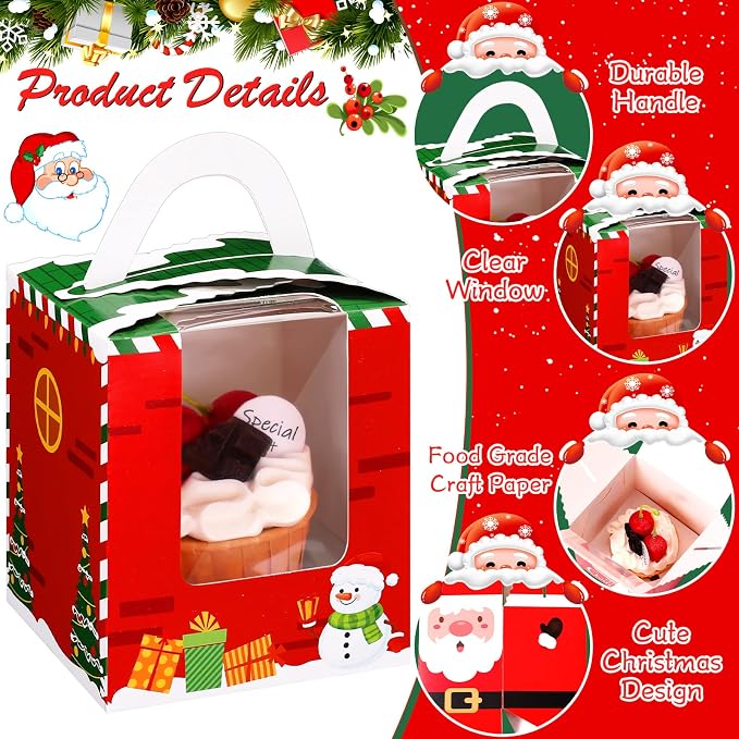 TaoBary 24 Pcs Christmas Cupcake Boxes Xmas Individual Cupcake Box Christmas Cookie Boxes with Window Insert Handle Muffin Pastry Holder Bakery Treat Box for X-mas Party(Gingerbread)
