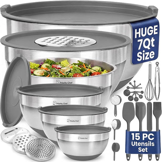 Priority Chef 6Pc Stainless Steel Mixing Bowls with Lids Set, Huge 7 Qrt Size Metal Bowl Set for Kitchen, 3 Graters, Non-Slip Bases & Silicone Utensils Set, Grey