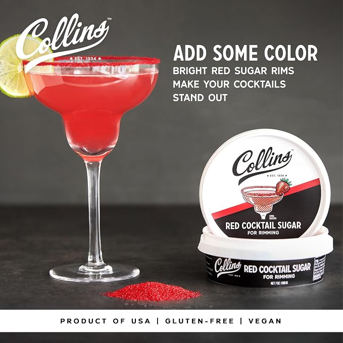 Collins Red Cocktail Sugar, Enhance Daiquiris, Cosmopolitans, Margaritas, Cocktail Drinks, Glass Rimming Sugar for Cocktails 7oz