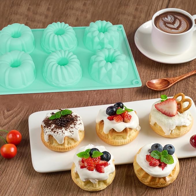Zorazio 3Pcs Silicone Fluted Tube Cake Pan, Non-stick Mix Mini Baking Mold for Cupcake Cornbread Brownie Jello, 6-Cavity Fluted Tube Cake Pan