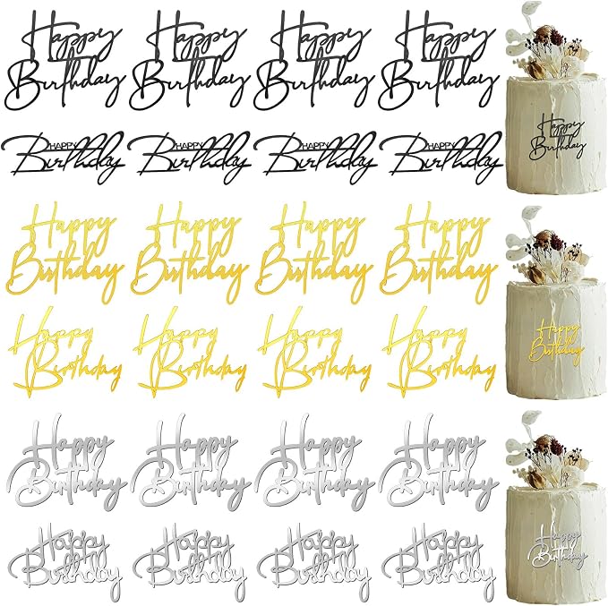 Barydat 24 Pieces Happy Birthday Cake Toppers Mirror Acrylic Cupcake Topper Happy Birthday Sign for Cake Side Cupcake Decorations, 3 Colors, 6 Styles