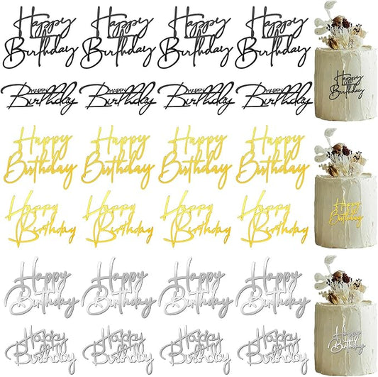 Barydat 24 Pieces Happy Birthday Cake Toppers Mirror Acrylic Cupcake Topper Happy Birthday Sign for Cake Side Cupcake Decorations, 3 Colors, 6 Styles