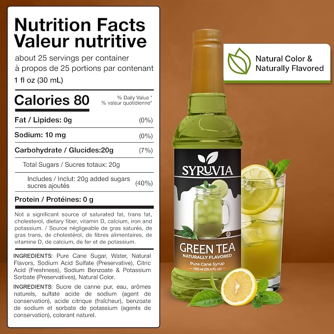 Syruvia Green Tea Syrup, Naturally Flavored Syrup for Teas, Drinks, Lemonades, Iced Teas, and Desserts – 25.4 fl oz - with Pump