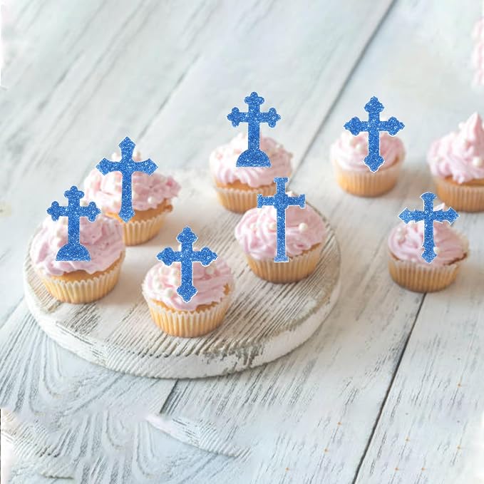 60 PCS Edible Cross Cupcake Toppers God Bless and Baptism Cupcake Toppers Edible Cross Cupcake Picks First Communion Cake Decorations for Religious Theme Baby Shower Birthday Party Supplies Blue