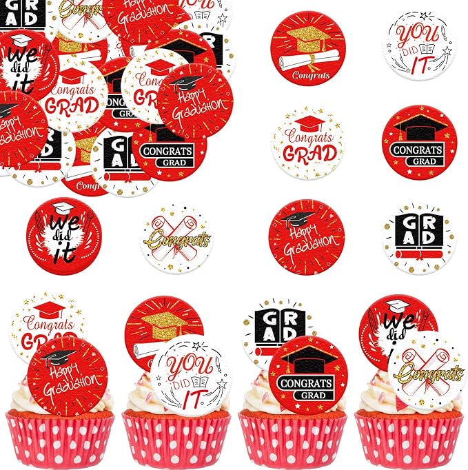 36PCS Edible Graduation Cap Cupcake Toppers Wafer Paper Grad Cap Diploma Cake Decorations Edible Grad Cap Cupcake Picks for 2026 Grad Theme Party Cake Decor Supplies (Red)