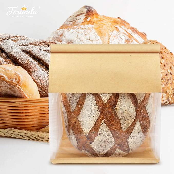 100 Pack Bread Bags with Tabs for Homemade Sourdough Bread, 8.7x4.3x11 Inches Tin Tie Tab Lock Large Paper Bakery Packaging Bags with Window for Gifting & Bake Sale | Thick Material