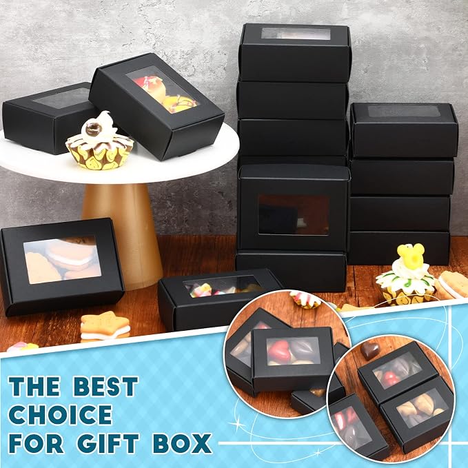 Zonon 300 Pcs Soap Boxes for Homemade Packaging, Mini Kraft Boxes with Window for Bakery Candy Soap Making Gift Packaging, 3.7x2.6x1.4 Inch (Black)