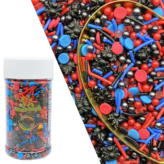CandiJumpin Edible Spider Sprinkles, Spiderman Sprinkle Edible Pearls and Jimmies Mix Black Blue and Red Sprinkles Crunchy Jimmies Edible Pearls for Cake Decorating Pearl Decoration for Baking Baby Shower Party Birthday Halloween Christmas Supplies 3 OZ
