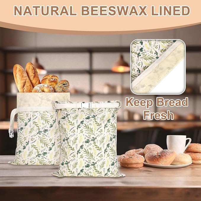 2pack Beeswax Linen Bread Bag Large Reusable Sourdough Bread Bags | 17 x 12 in, Beeswax Liner, Buckle Closure, Keep Bread Fresh, Baking Storage, Green Leaves Design