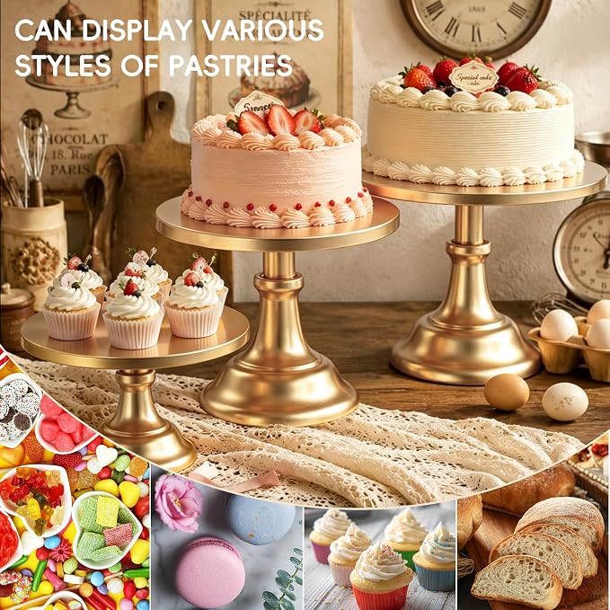 Three-piece Cake Stand Set, Metal Round Trays, 8-inch, 10-inch, and 12-inch, for Dessert Table displays; Perfect for Christmas, Thanksgiving, Birthdays, Weddings, and Other Celebrations(Gold)