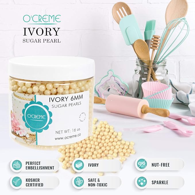O'Creme Ivory Edible Sugar Pearls Cake Decorating Supplies for Bakers: Cookie, Cupcake & Icing Toppings, Beads Sprinkles For Baking, Certified, Candy Sugar Ball Accents (10mm, 8 Oz)