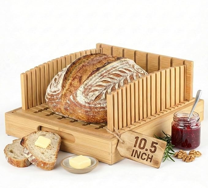 New 10.5" Extra Wide Bamboo Bread Slicer Guide | Crumb Catcher Board - Premium Wood Cutter & Serving Tray for Homemade Artisan Loaves, Kitchen Gadget Gifts for Bakers