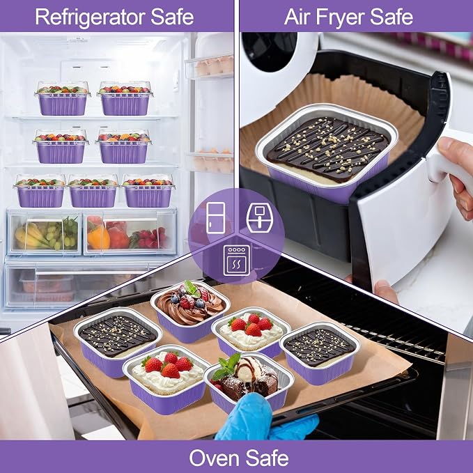 200 Pack 5 oz Purple Mini Cake Pans with Lid, Aluminum Foil Mini Baking Tins, Square Disposable Cupcake Baking Cup Dessert Container for Purple Wedding Birthday Party Favors Supplies