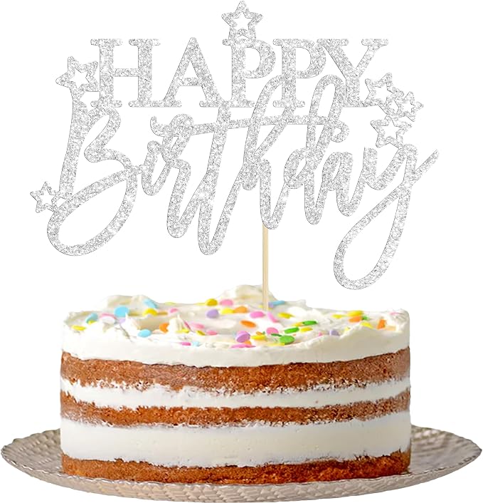 Gyufise 1Pcs Happy Birthday Cake Topper Glitter Cake Pick for Celebrating Anniversary Theme Party Cake Decorations Supplies Light Silver