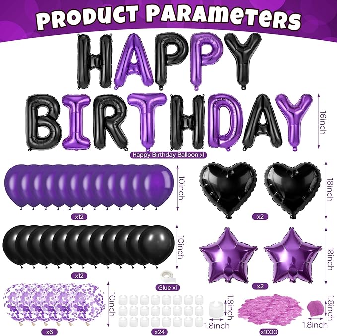 Black Purple Happy Birthday Balloons Decorations Black and Purple Birthday Balloon Letters Banner with Star Heart Balloons Artificial Rose Petals 24 Flameless LED Candles for Birthday Party Supplies