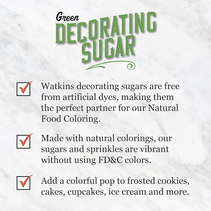 Watkins Green Decorating Sugar (No Artificial Dyes), Non-GMO, Kosher, 4.2 Ounce, 1-Pack