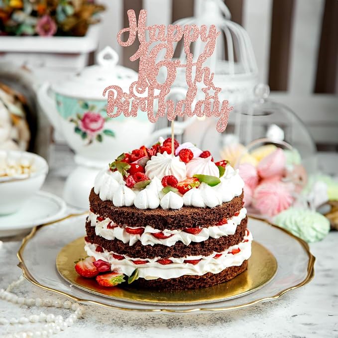 Gyufise 1Pc Happy 16th Birthday Cake Topper Rose Gold Glitter 16 & Fabulous Sweet 16 Birthday Cake Pick for Celebrating 16th Birthday Anniversary Party Cake Decorations Supplies