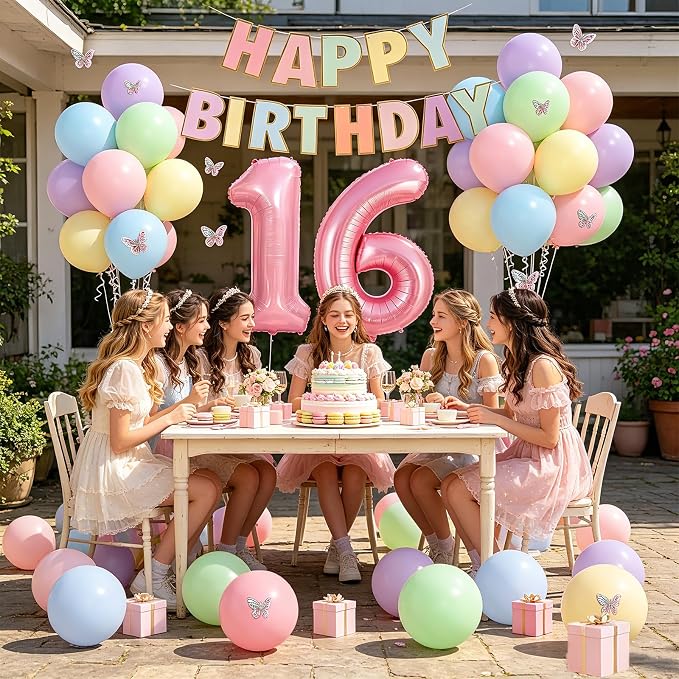 16th Birthday Decorations For Girls- 12 Inch Pastel Balloons, 32 Inch Pink 16 Balloon, 3D Butterflies Stickers, Happy Birthday Banner For Girl Sweet Sixteen Party Decorations