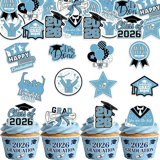 48pcs Edible 2026 Graduation Cupcake Toppers Wafer Paper Light Blue Class of 2026 Cake Decorations Edible Congrats Grad Cupcake Picks for 2026 Graduation Theme Party Cake Supplies
