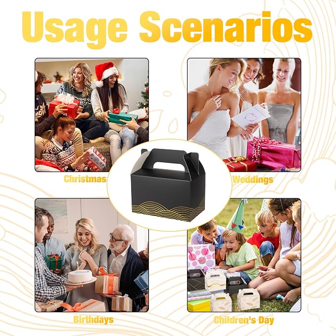 10 PCS Black Gable Favor Treat Boxes, 6.5 x 4 x 4 Inches Elegant Gift Box with Handle for Guests, Goodie Gift Boxes for Candy, Cookie, Busniess, Annivesary Parties, Graduation, Birthday, Wedding, Wave