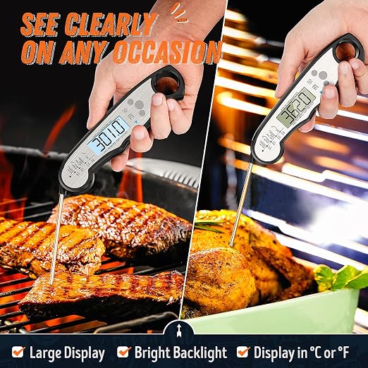 Digital Meat Thermometer, Waterproof Instant Read Food Thermometer for Cooking and Grilling, Kitchen Gadgets, Accessories with Backlight & Calibration for Candy, BBQ Grill, Liquids, Beef, Turkey…