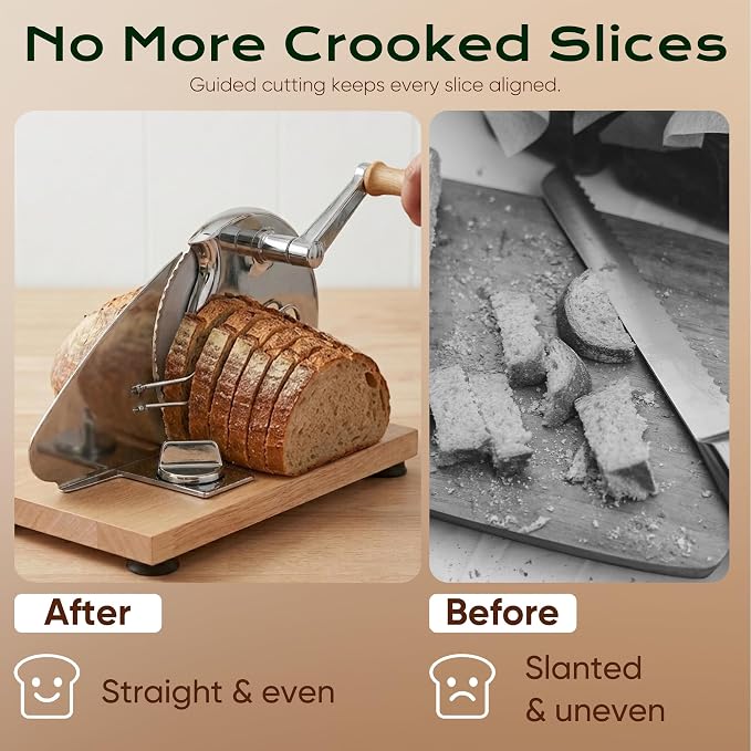 Saluna Manual Bread Slicer for Sourdough and Homemade Bread, Adjustable Bread Slicer with Hand Crank, Stainless Steel Blade and Suction Base