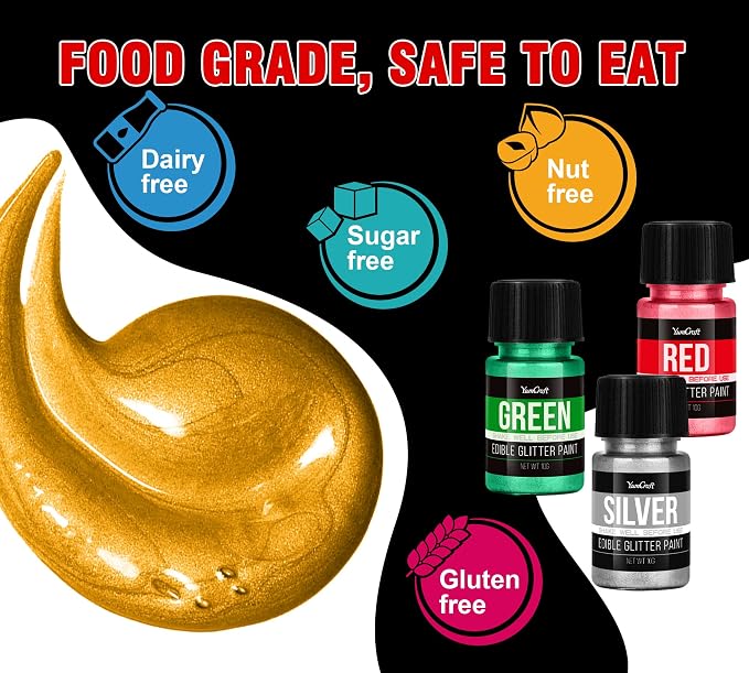Edible Glitter Paint Set, 6 Food Colors with Gold, Blue, Silver, Green, Red, Pink, Food Grade Liquid Luster Dust for Chocolate, Drinks, Cake, Candy, Shimmering Powder Glitter for Christmas Festival