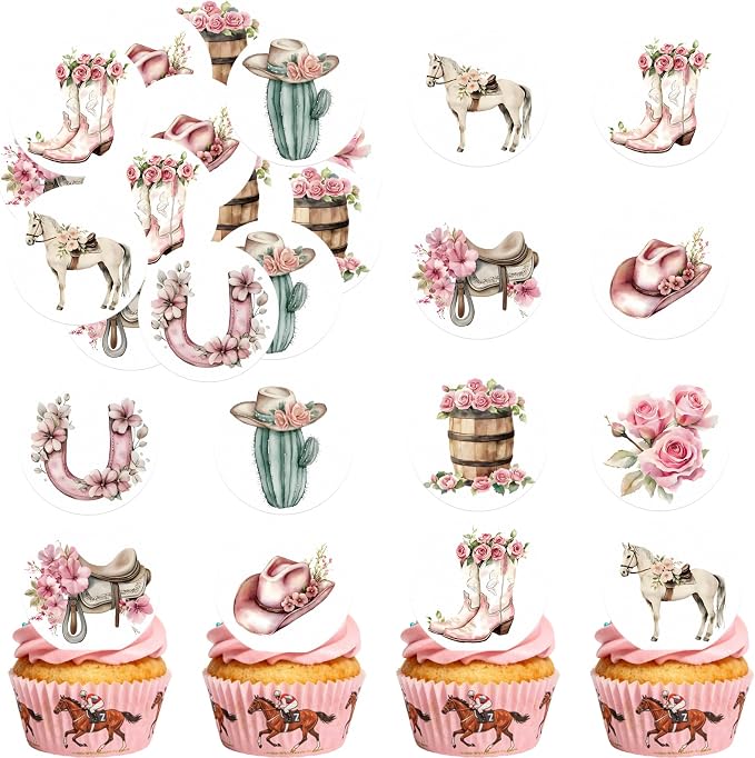 36PCS Edible Floral Horse Cupcake Toppers Wafer Paper Pink Pop-up Derby Horse Cowgirl Cake Picks Edible Rodeo Western Boots Cupcake Toppers for Jockeys Equestrian Theme Supplies