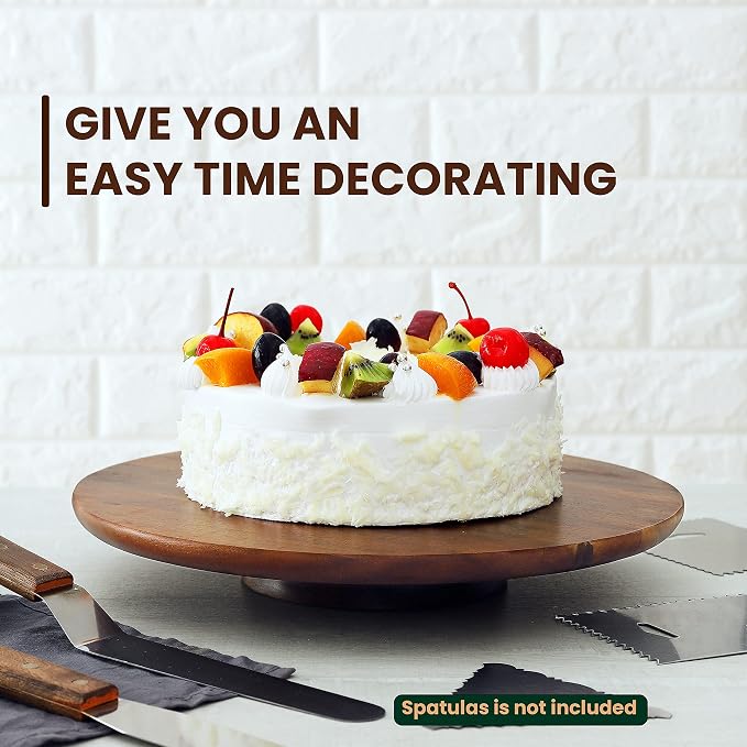 13" Acacia Wood Cake Stand Rotating – Rustic Cake Stand Turntable – Wooden Revolving Spinner Cake Decorating Supplies - Use at Parties, Weddings, Restaurants (Acacia Wood)
