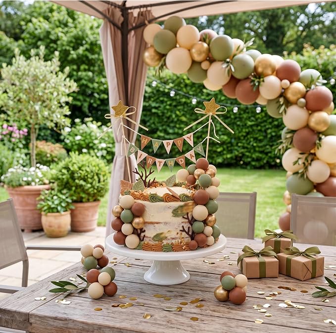 21 Pcs Happy Birthday Cake Topper Cake Bunting Topper Banner with Wood Pole Rainbow Garland with Bow Ribbon Balloon, Mini Cupcake Decor for Birthday Baby Shower (Brown,Gold,Green,Apricot)
