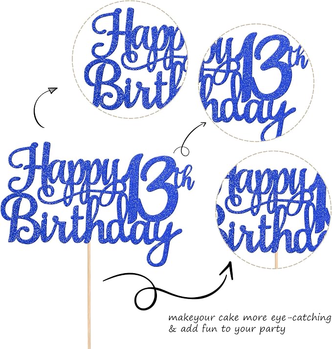 1 PCS Happy 13th Birthday Cake Topper Glitter Cheers to 13 Years Birthday Cake Pick Official Teenager 13 Fabulous Cake Decoration for Happy 13th Birthday Theme Party Decorations Supplies Blue