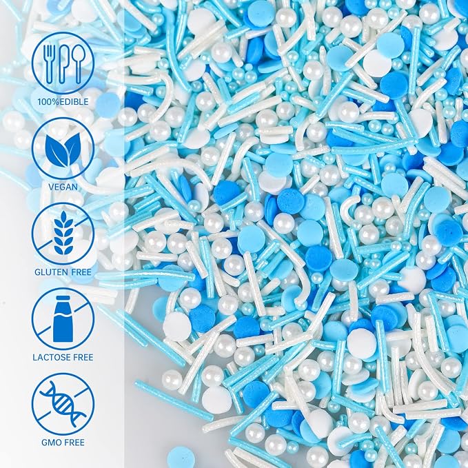 Sprinkles for Cake Decorating, Edible Blue Sprinkles Topper, Cookie Sprinkles for Cupcakes, Candy, Cream, Chocolate Cake Decorations - Jimmies, Nonpareils, Sugar Pearl 7ounce
