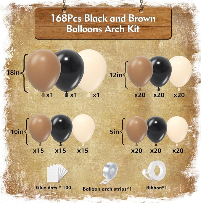 Black and Brown Balloon Garland Arch Kit 168pcs Different Size Western Balloon Arch for Boy First Rodeo Fiesta Party Wild West Country Birthday Cowboy Baby Shower Gender Reveal Party Decor