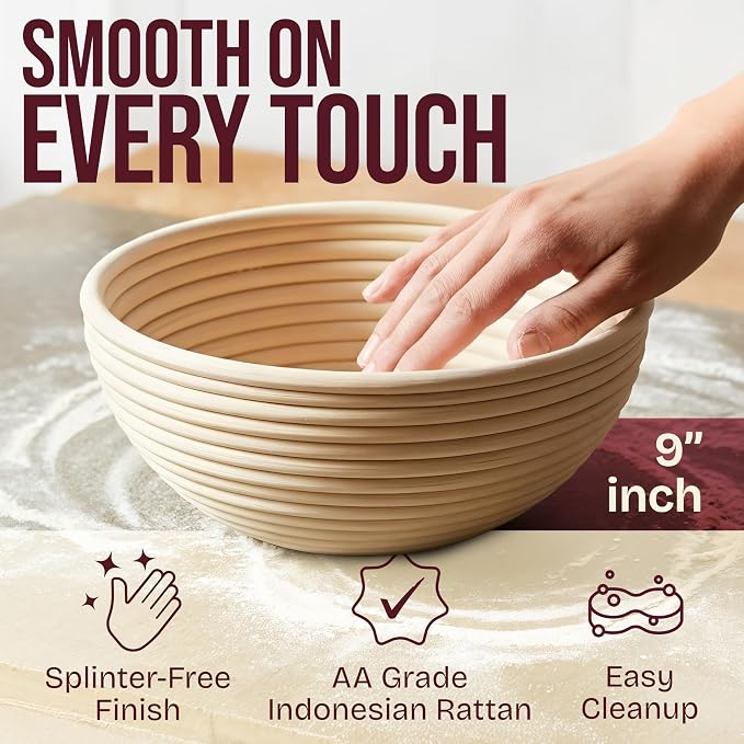 Superbaking Sourdough Starter Kit, 9" Round Banneton Bread Proofing Basket Set, Sourdough Bread Baking Supplies, Sourdough Tools with Silicone Bread Sling, Bread Making Tools, Baking Gifts