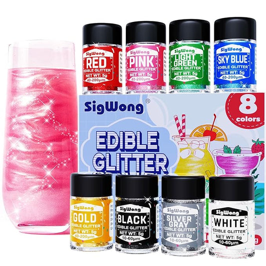 Edible Glitter - 8 Colors Luster Dust Edible Set for Drinks, Food Grade Edible Glitter Dust for Cake Decorating, Cocktail, Fondant, Strawberries, Candy, Cookie, Chocolate, Vegan and Gluten Free - 5g/bottle