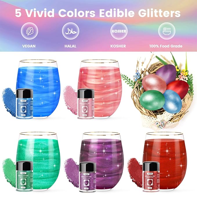5 Colors Edible Glitter Set, Food Grade Edible Glitter for Drinks, Flavorless Luster Dust Shimmer Powder for Baking, Cakes, Cocktails, Beverages, Strawberries, Cookies, Candies, Fondant (5g/Bottle)