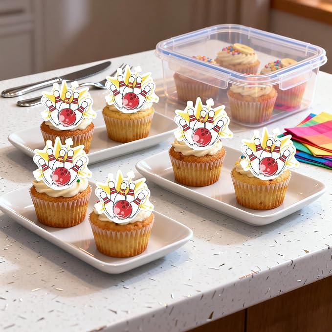 48 PCS Edible Bowling Cupcake Toppers Wafer Paper Sports Ball Cupcake Picks Edible Bowling Birthday Decorations for Sports Theme Baby Shower Boys Girls Player Birthday Party Cake Decoration Supplies