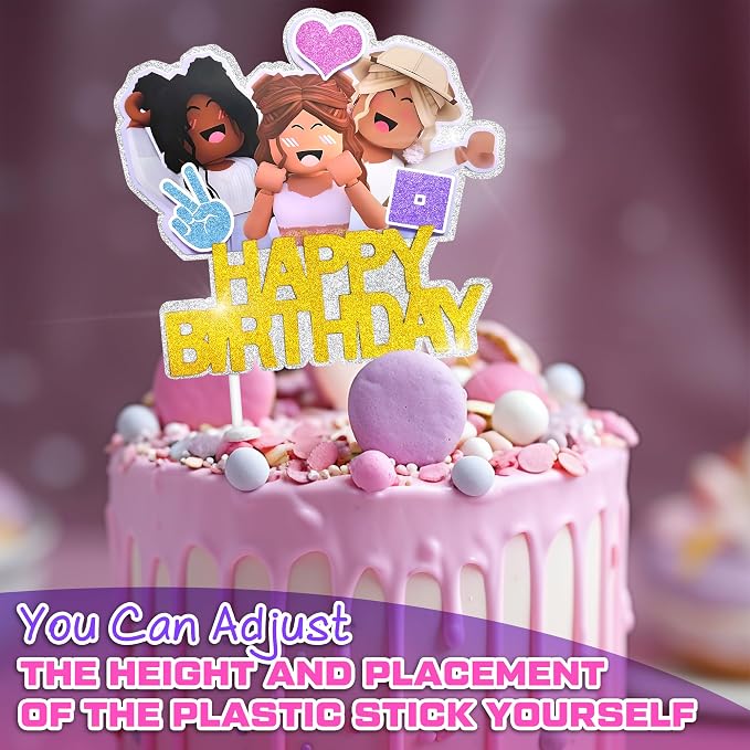1 Pc Girl Gamer Cake Topper Happy Birthday - 8.27 x 6.3in Video Game Cake Topper Made from Cardboard with Bright Glitter - Pre-Assembled, Gamer Birthday Party Decorations for Dessert Table Setups