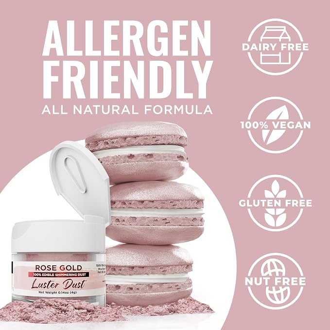 Luster Dust - Rose Gold (4g 1x Jar) | Edible Vegan Dust & Paint for Cake Decorating, Ice Cream, Desserts, Cocktails and Beverages by Bakell