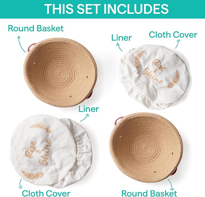 Baker's Secret Cotton Rope Banneton Bread Proofing Basket Set, 2 x Round Bread Basket with Liners & Covers for Artisan Bread Baking, Sourdough Bread Baking Supplies